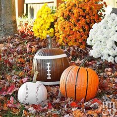 three pumpkins sitting on top of leaves in front of some bushes and trees with flowers