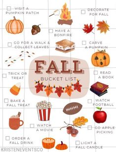 a fall bucket list with pumpkins, books and other things to do on it