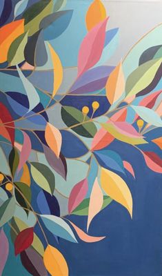 a painting of leaves on a blue background