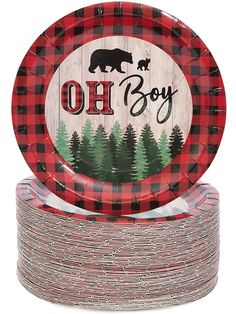 red and black buffalo plaid paper plates with the words oh boy on them, sitting next to each other