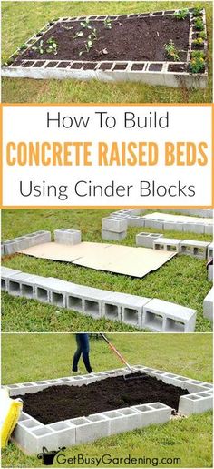 how to build concrete raised beds using cinder blocks in the yard with text overlay that reads, how to build concrete raised beds using cinder blocks