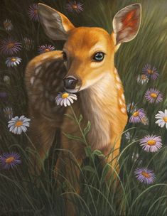 a painting of a baby deer in the grass with daisies