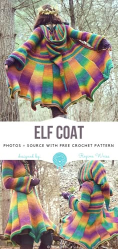 an image of a colorful blanket in the woods with text overlay that reads, elf coat