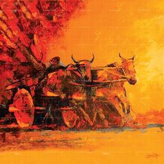 a painting of a horse drawn carriage in front of an orange sky with trees on it