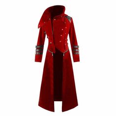 customize HANDMADE Mens Trench coat Handmade RED Velvet Scorpion Coat Long coat, Gothic Steampunk Hooded Stunning Gothic Steampunk style long coat in Heavy Duty Super Quality  VELVET fabric, with unique zip-off feature at the waist to transform into a short jacket! Front snap fastening with black faux leather straps at the chest, complete with high, funnel collar with snap fastenings. Long sleeves with faux leather straps, matching straps to one side and oversize hood. 100% Heavy Duty VELVET - f Gothic Trench Coat, Gothic Jackets, Red Gothic, Vintage Party Dresses, Hooded Trench Coat, Estilo Real, Trench Coat Men, Gothic Steampunk, Long Trench