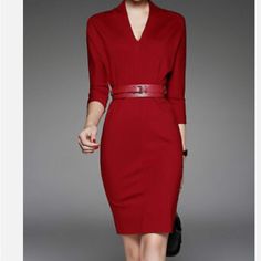 Brand New Size 4 Doesn’t Come With Belt Figure Hugging Slimming Red Business Dress, Fall Office Wear V-neck Dress, Spring Red Mini Dress For Office, Red Mini Dress For Work, Red Midi Dress For Work In Fall, Red Bodycon Dress For Formal Fall Occasions, Red Mini Length Dresses For Work, Red Midi Dress For Office In Fall, Red Mini Dresses For Work