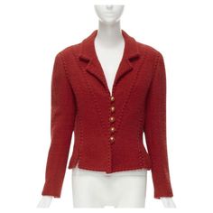 Runway CHANEL Vintage 93A red boucle tweed boned corset jacket FR44 Reference: BMPA/A00156 Brand: Chanel Designer: Karl Lagerfeld Collection: 93A - Runway Material: Wool, Nylon Color: Red Pattern: Solid Closure: Button Lining: Silk Extra Details: Red boucle tweed. Notched collar. Shoulder padded. Overstitched braided boned seams. Gold-tone red buttons. 3-button cuff. REd CC logo silk lining. Made in: France CONDITION: Condition: Excellent, this item was pre-owned and is in excellent condition. L Red Tweed Jacket, 80s Life, Corset Jacket, Chanel Blazer, Cocoon Jackets, Chanel Tweed Jacket, Red Chanel, Boned Corsets, Chanel Designer