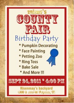 a birthday party poster with the words country fair on it