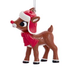 a christmas ornament with a deer wearing a santa hat and scarf on it's head