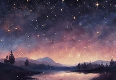 Sky Full of Stars Digital Painting Art Print Night Sky Painted Mural, Twilight Sky Painting, Cheyenne Core, Sunset And Stars, Celestial Painting, Night Sky Landscape, Therapy Branding, Tranquil Artwork, Celestial Illustration