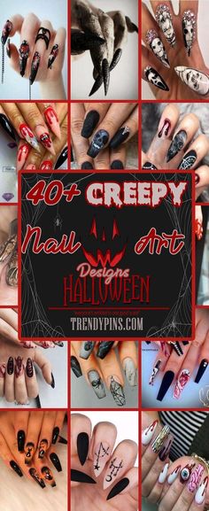 Hhn Nail Ideas, Halloween Horror Nail Designs, Halloween Nail Designs Scary, Cool Halloween Nail Designs, Halloween Nail Sets Acrylic, Creepy Halloween Nail Designs, Scary Nails Designs, Halloween Killer Nails, Zombie Nails Halloween