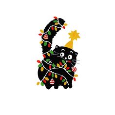 a black cat with a party hat and lights around it's neck is standing in front of a white background