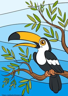 a toucan sitting on a tree branch with leaves