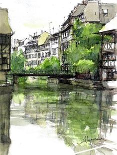 watercolor painting of buildings on the side of a river