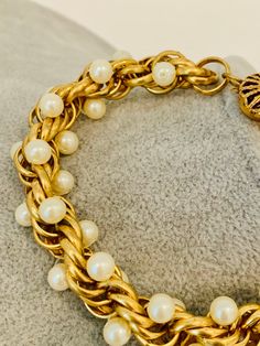 "Vintage gold tone twisted chain link bracelet with faux pearls. The bracelet has a beautiful and unique clasp. It measures 8.5\"." Formal Adjustable Pearl Chain Bracelet, Vintage Gold Pearl Bracelets, Vintage Gold Pearl Jubilee Bracelet, Gold Pearl Bracelet With Chain, Vintage Gold Metal Pearl Bracelet, Vintage Gold Pearl Bracelet, Green Beaded Bracelets, Twisted Chain, Woodland Hills