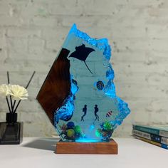 a glass sculpture with an image of a manta ray in the ocean on it