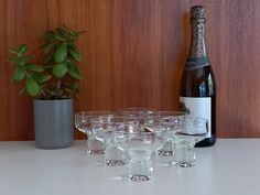 there are many wine glasses on the table with a bottle in the background and a potted plant next to it