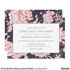 a wedding card with pink flowers on black and white background, in the center is an ornate