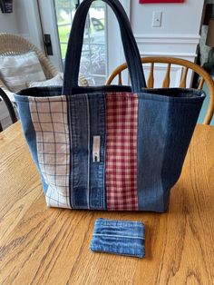 a bag sitting on top of a wooden table