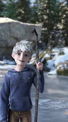 a young boy with white hair holding a stick in his hand and wearing a blue hoodie