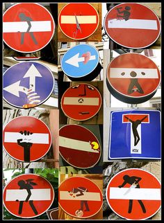 many different types of street signs with arrows