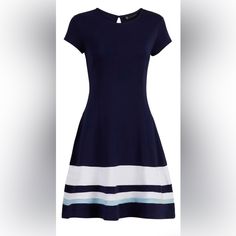 New York & Co. Colorblock Cotton Fit And Flare Dress, Color Grand Sapphire, Size L Bold Colorblocking Creates An Eye-Catching Effect Then Is Enhanced By An Effortlessly Flattering Flare Silhouette. New To Poshmark? Sign Up Using The Link Below & Use Code Franchasca_c For $10 Off Your First Purchase- Https://Posh.Mk/Vm6o0wbhtlb Striped Hem Dress For Work, Blue Short Sleeve Dress With Splicing, Blue Color Block Short Sleeve Dress, Blue Color Block Mini Dress, Blue Color Block Dress For Work, Clothing Ideas, Fit And Flare Dress, Flare Dress, Fit And Flare