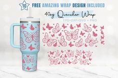 thermos cup with butterflies on it and free amazing wrap design included for this tumbler