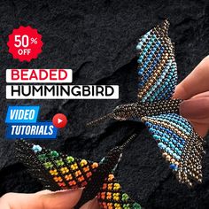 someone is holding a beaded hummingbird with video instructions on the front and back