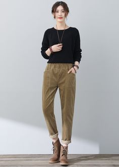 "FEATURES * Corduroy, 60% Cotton * Elastic waist * Two pockets * Loose corduroy pants * Casual corduroy pants * Perfect for winter, autumn, spring * Wash only in cold water and do not expose to direct sunlight ★★Size Chart: ❤ Size chart is the garment's measurements, Not body measurements . Size M Length: 90cm/35.43\", Waist: 62-98cm/24.41-38.58'', Hip:106cm/41.73'', thigh circumference:58cm/22.83'', footwell:30cm/11.81'' Size L Length: 91cm/35.83\", Waist: 66-102cm/25.98-40.16'', Hip:110cm/43.3 Feminine Tomboy Style, Feminine Tomboy, Paperbag Hose, Corduroy Pants Women, Elegant Coats, Womens Trousers, Pants Plus Size, Pants Women Fashion, High Waist Pants