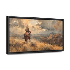 a painting of a man riding on the back of a brown horse in a field