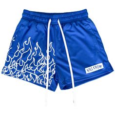 MUAY THAI FLAME SHORTS (MID THIGH CUT) - BLUE / WHITE Blue Athletic Shorts With Built-in Shorts For Summer, Blue Sports Shorts For Summer, Light Blue Sports Shorts For Summer, Light Blue Sporty Athletic Shorts For Summer, Casual White Shorts For Festival, Light Blue Athletic Shorts For Summer Sports, Blue Cotton Athletic Shorts For Beach, Light Blue Athletic Shorts For Summer, Light Blue Summer Athletic Shorts