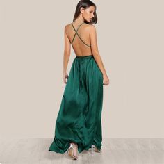 High Slit Plunge Neck Cross Back Green Sleeveless Wrap Satin Maxi Dress - Uniqistic.com Summer Backless Dress With Spaghetti Straps For Evening, Green Sleeveless Backless Dress For Summer, Summer Evening Backless Dress With Spaghetti Straps, Green Backless Sleeveless Summer Dress, Summer Satin Sleeveless Dress For Prom, Spring Green Halter Neck Slip Dress, Green Sleeveless Sundress With Spaghetti Straps, Green Backless Dress With Spaghetti Straps For Date Night, Green Backless Slip Dress For Summer