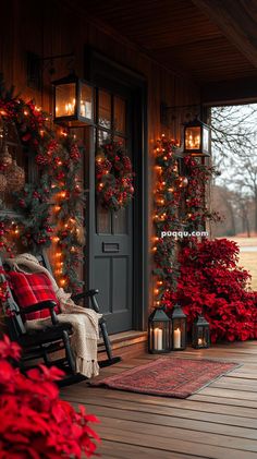 a porch decorated for christmas with red and green decorations