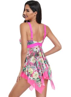 Quintessentially tropical, this swimdress is an ode to the lush vibrancy of a blooming paradise. The hot pink bodice, featuring a plunging neckline with crisscross detailing, offers both support and a daring touch. It cinches just under the bust, highlighting the waist before flowing into a handkerchief-hem skirt adorned with a vivacious floral and pineapple print. The cut provides a flattering drape that enhances movement and grace. This swimdress is crafted from a stretch-resistant, quick-dry Skirt Plus Size, Pineapple Print, Plunging Neckline, Pineapple, Hot Pink, Two Piece, Skirt, Floral, Pink