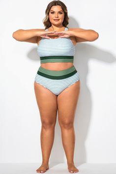 Plus Size Green Striped Patchwork Bikini Bottom Green Stripes, New Day, Plus Size, Green, How To Wear, Patchwork