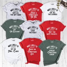 Most Likely To Christmas Crew Shirts, Christmas Party Family Matching Tee, Holiday Group Tee, Xmas Christmas Team Tee, Christmas Festive Tee Get into the festive spirit with our Most Likely To Shirt, the ultimate Christmas Crew Shirt for your holiday celebrations! Perfect for Christmas parties, this fun Christmas Party Tee brings joy and laughter to any gathering. Whether you're looking for a Family Matching Tee or a Holiday Group Tee, this Xmas Tshirt and Christmas Team Shirt adds a personal to Family Christmas Party, Matching Christmas Shirts, Food Shirt, Funny Christmas Tshirts, Christmas Matching, Holiday Theme, Group Shirts, Christmas Shop, Xmas Shirts