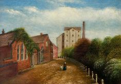 an oil painting of two people walking down a dirt road in front of brick buildings