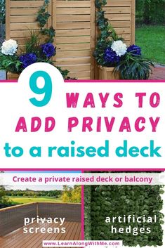 Outdoor privacy ideas for a raised deck or balcony such as privacy screen that attach to your existing railing, artificial hedge rolls that attach to your existing railing, and wooden privacy screens built in with planter boxes. Outdoor Privacy Ideas, Privacy Fence Deck, Privacy Screen Outdoor Deck, Privacy Deck, Privacy Wall On Deck, Deck Privacy Panels, Porch Privacy, Privacy Fence Ideas