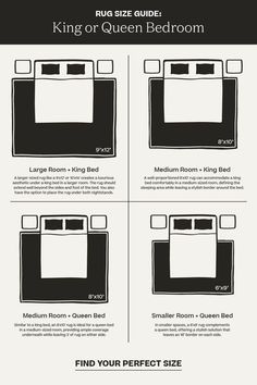 the king and queen bedding size guide is shown in three different sizes, including one with