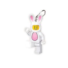 a lego keychain with a white rabbit on it's face and pink ears