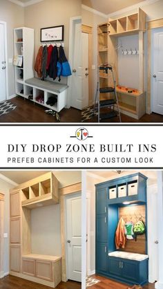 two pictures with the words diy drop zone built ins and an image of closets for