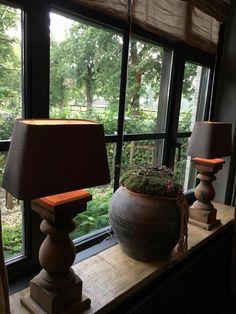 two lamps sitting on top of a window sill next to a large potted plant