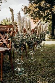 there are many vases with plants in them on the grass near chairs and tables