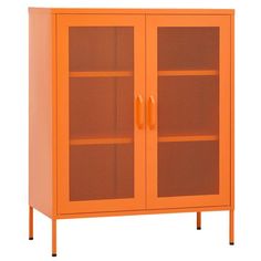 an orange cabinet with mesh doors on the front and bottom, against a white background