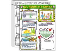 an all about my family activity book with pictures and text on the front, two pages are