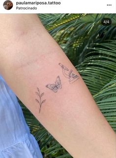 a woman's arm with two butterflies on it and the word love written in cursive writing