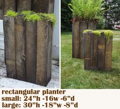 two pictures showing different types of planters made out of wood and plants growing in them