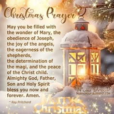 a christmas prayer with a lit lantern in the snow