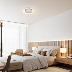 a bedroom with a bed, desk and chair next to a large sliding glass door