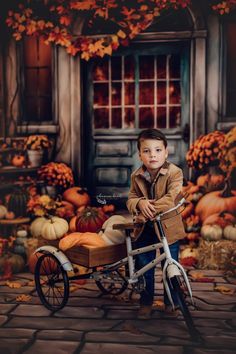 a young boy sitting on top of a tricycle in front of a fall scene